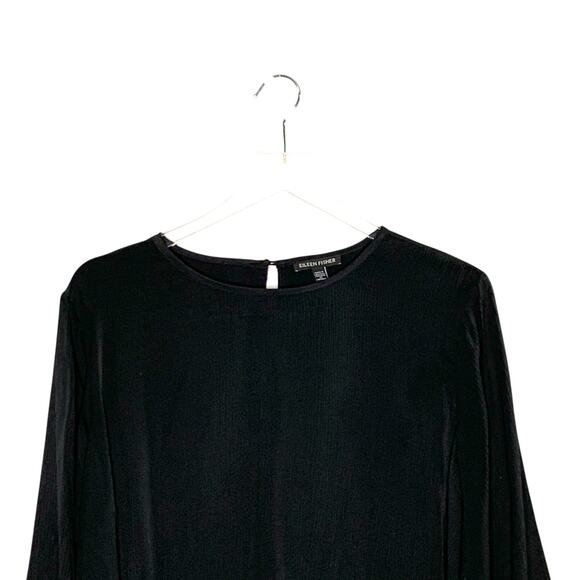 Eileen Fisher L Black Textured Cupro Round Neck Top Easy Fit Long Length - Picture 4 of 9